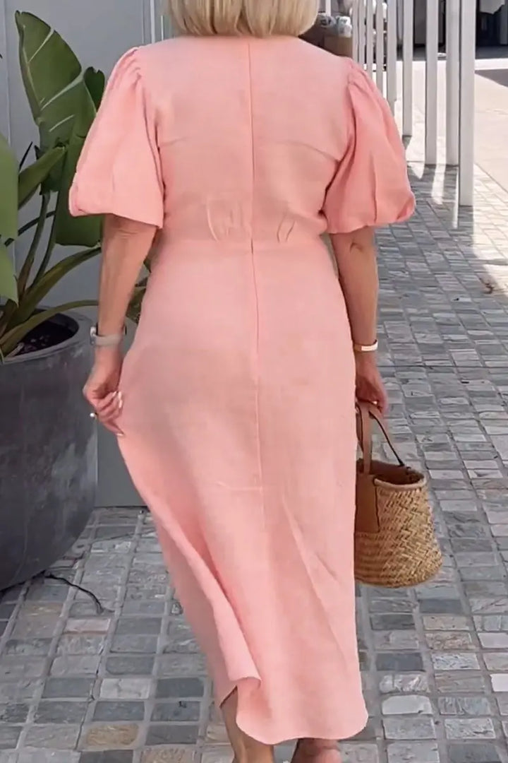 Simone | Solid Wrap Maxi Dress with Puff Sleeves and Bow Tie Waist