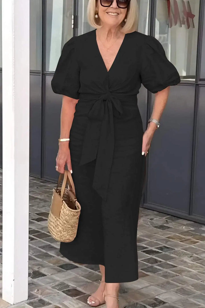 Simone | Solid Wrap Maxi Dress with Puff Sleeves and Bow Tie Waist