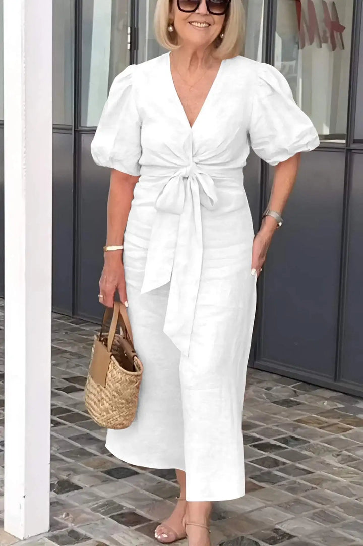 Simone | Solid Wrap Maxi Dress with Puff Sleeves and Bow Tie Waist