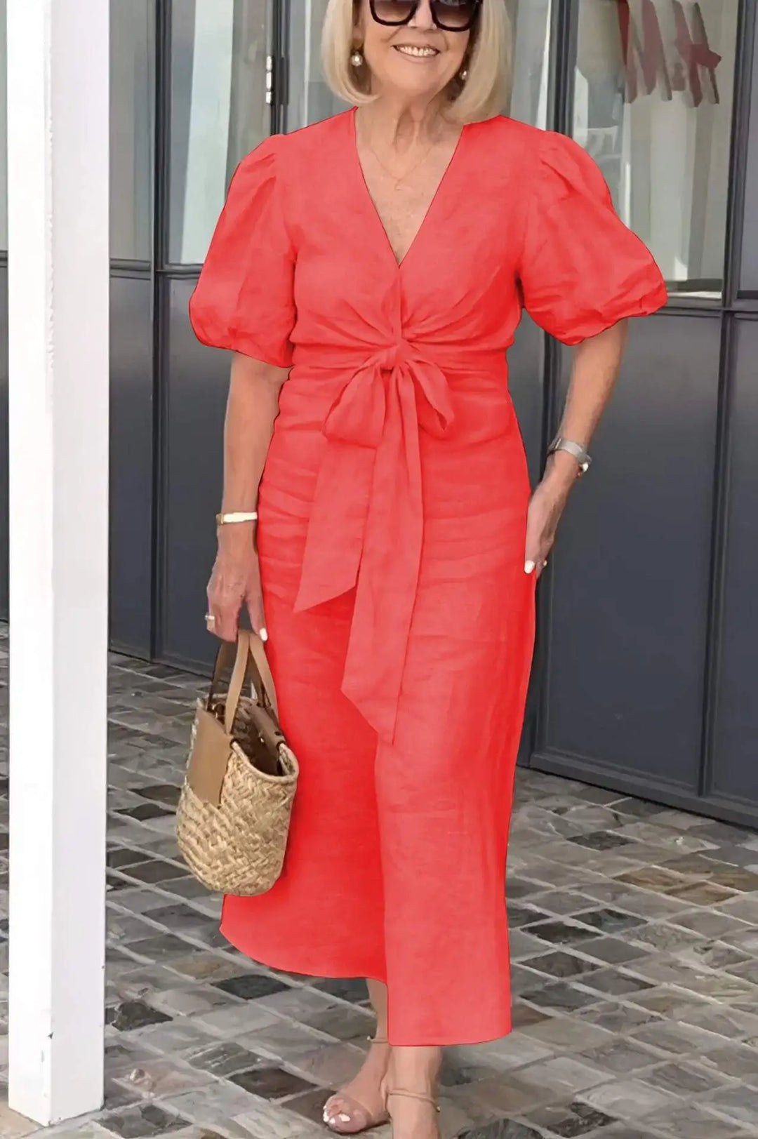Simone | Solid Wrap Maxi Dress with Puff Sleeves and Bow Tie Waist