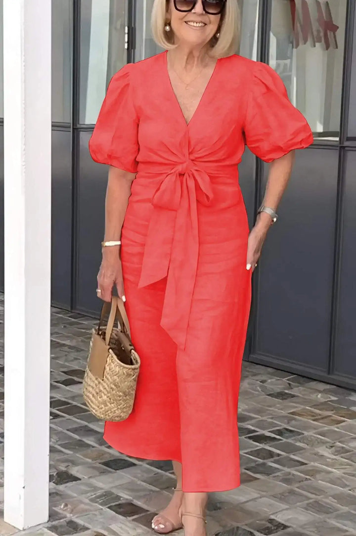 Simone | Solid Wrap Maxi Dress with Puff Sleeves and Bow Tie Waist
