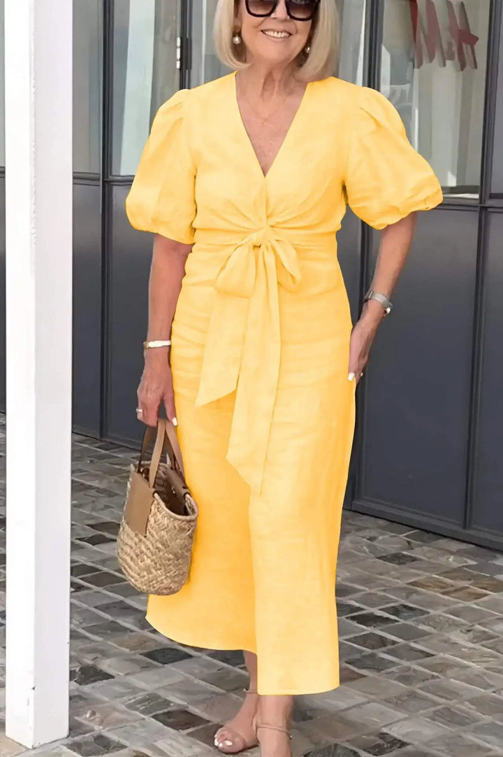 Simone | Solid Wrap Maxi Dress with Puff Sleeves and Bow Tie Waist