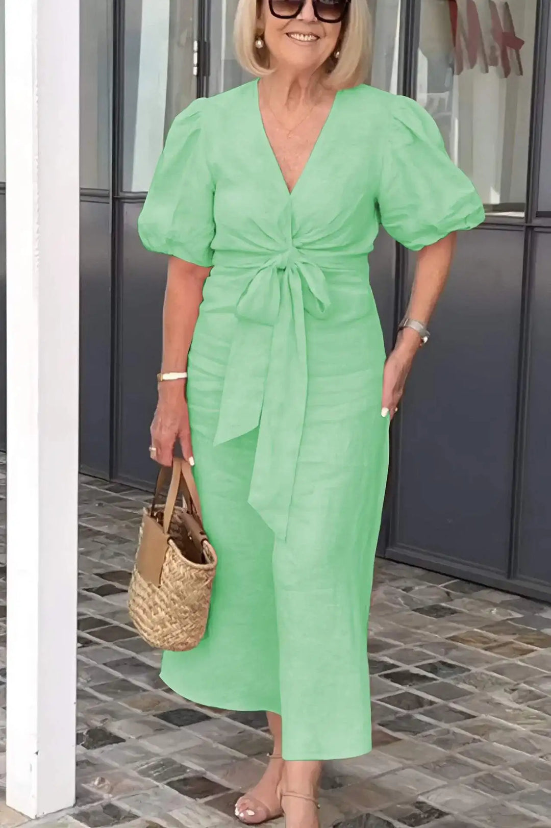 Simone | Solid Wrap Maxi Dress with Puff Sleeves and Bow Tie Waist