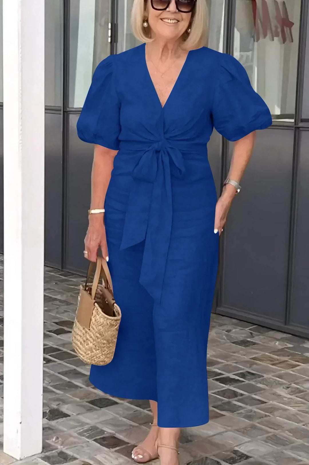 Simone | Solid Wrap Maxi Dress with Puff Sleeves and Bow Tie Waist