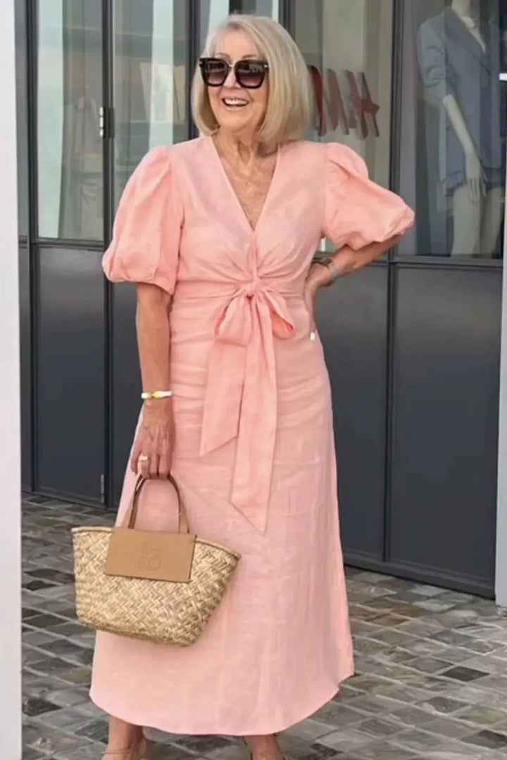 Simone | Solid Wrap Maxi Dress with Puff Sleeves and Bow Tie Waist