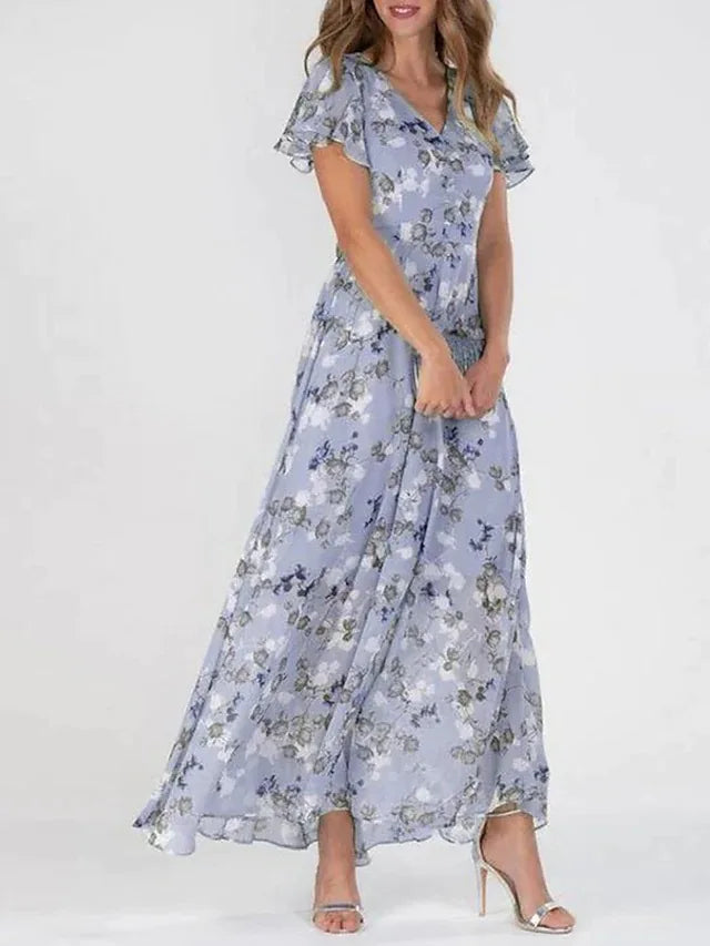 Stephanie | Floral Wrap Maxi Sundress with Ruffle V Neck and Flutter Sleeves