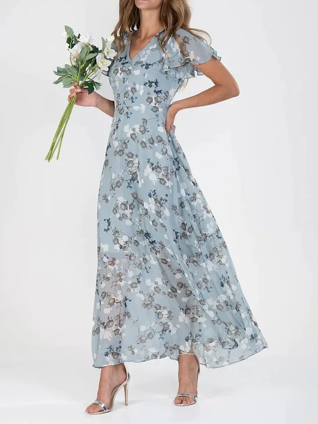 Stephanie | Floral Wrap Maxi Sundress with Ruffle V Neck and Flutter Sleeves