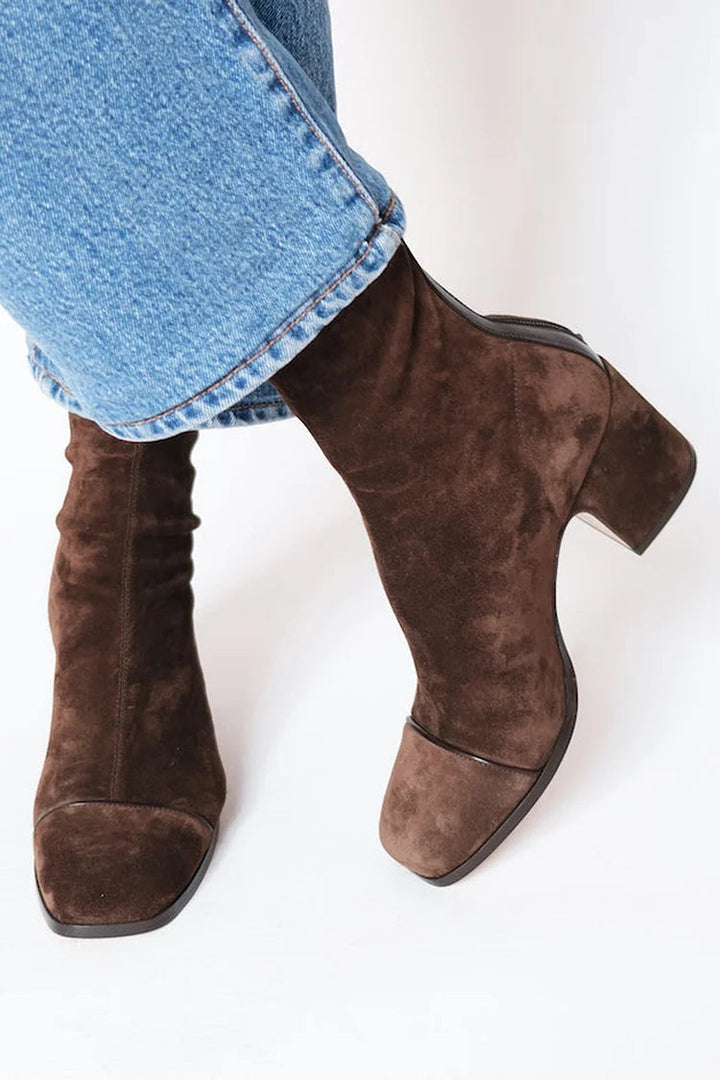 Victoria | Suede Square Toe Block Heel Boots with Pull On Design