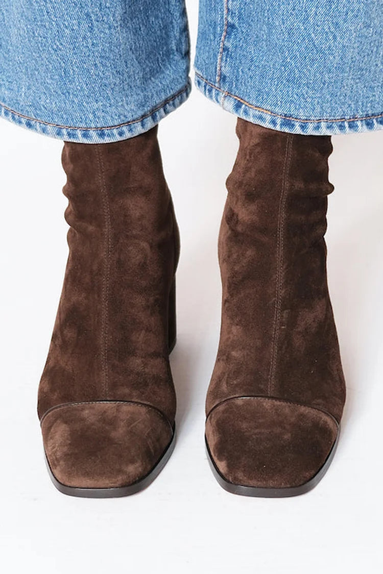 Victoria | Suede Square Toe Block Heel Boots with Pull On Design