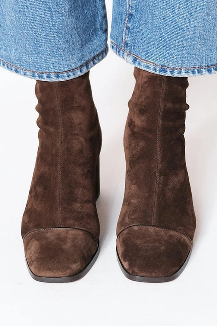 Victoria | Suede Square Toe Block Heel Boots with Pull On Design