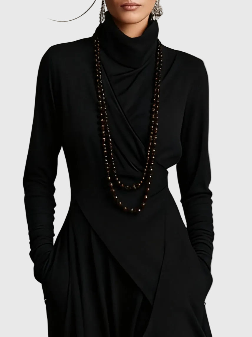 Virginia | Boho Solid Asymmetric Drape Maxi Dress with Turtleneck and Long Sleeves