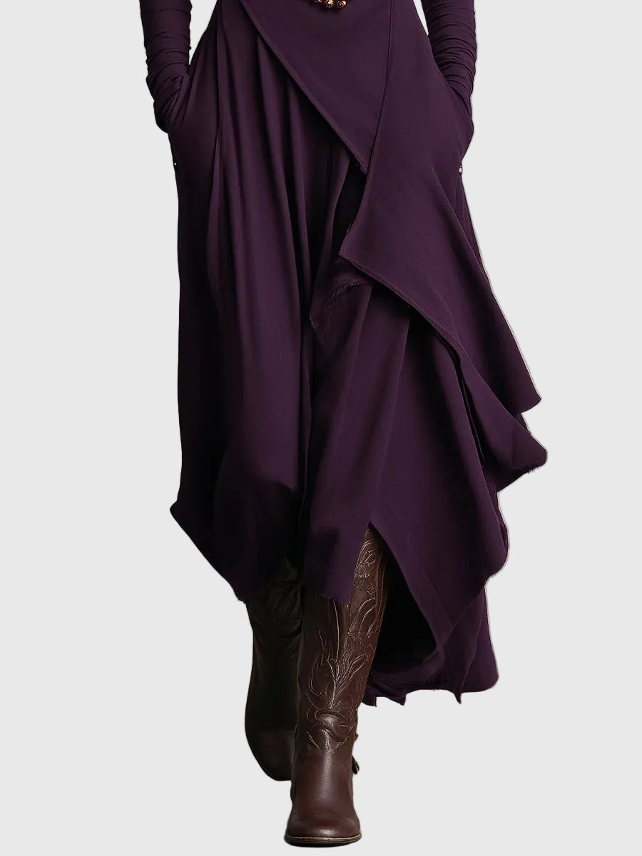Virginia | Boho Solid Asymmetric Drape Maxi Dress with Turtleneck and Long Sleeves