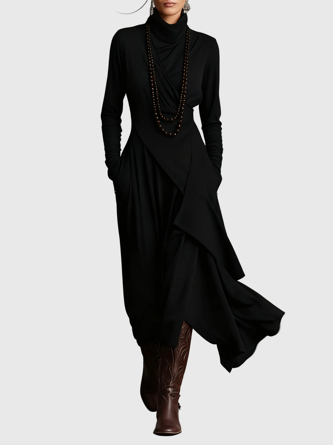 Virginia | Boho Solid Asymmetric Drape Maxi Dress with Turtleneck and Long Sleeves