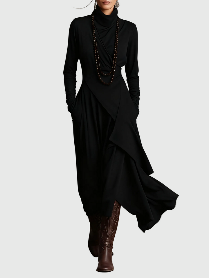 Virginia | Boho Solid Asymmetric Drape Maxi Dress with Turtleneck and Long Sleeves
