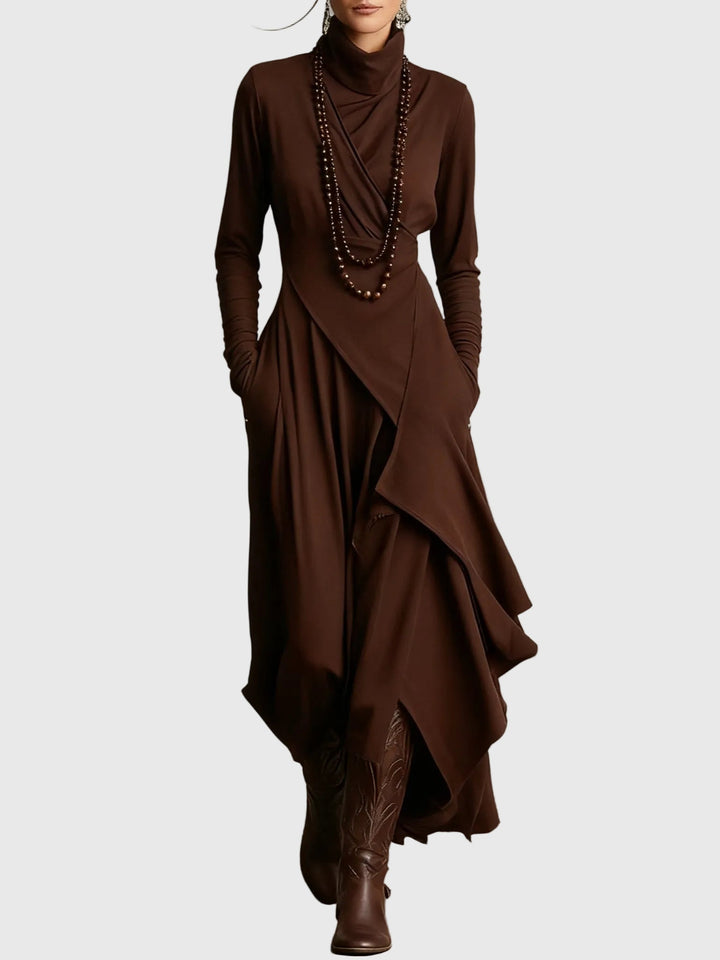 Virginia | Boho Solid Asymmetric Drape Maxi Dress with Turtleneck and Long Sleeves