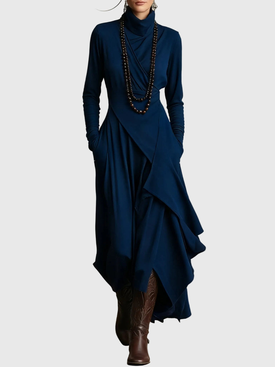 Virginia | Boho Solid Asymmetric Drape Maxi Dress with Turtleneck and Long Sleeves
