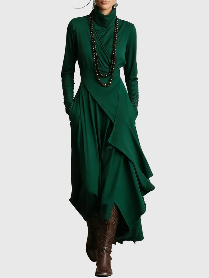Virginia | Boho Solid Asymmetric Drape Maxi Dress with Turtleneck and Long Sleeves