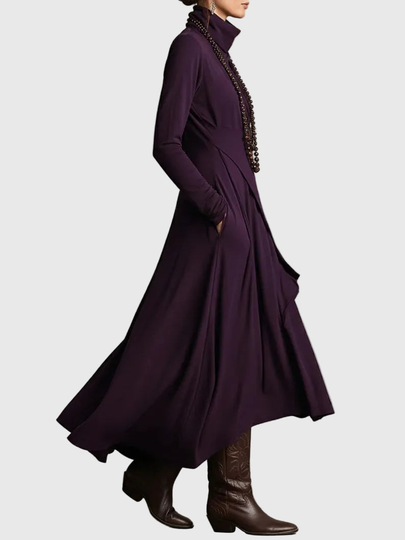 Virginia | Boho Solid Asymmetric Drape Maxi Dress with Turtleneck and Long Sleeves