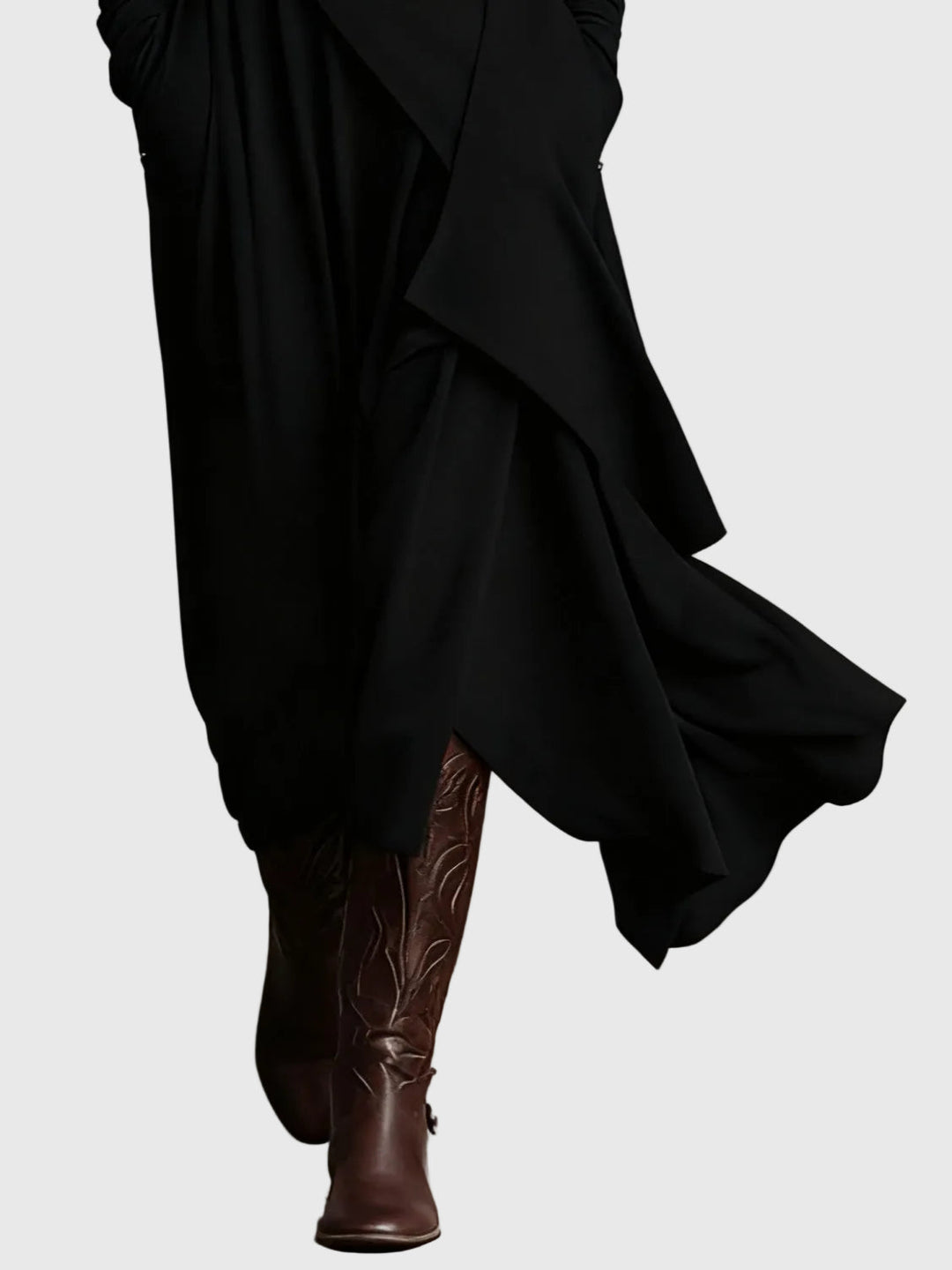Virginia | Boho Solid Asymmetric Drape Maxi Dress with Turtleneck and Long Sleeves