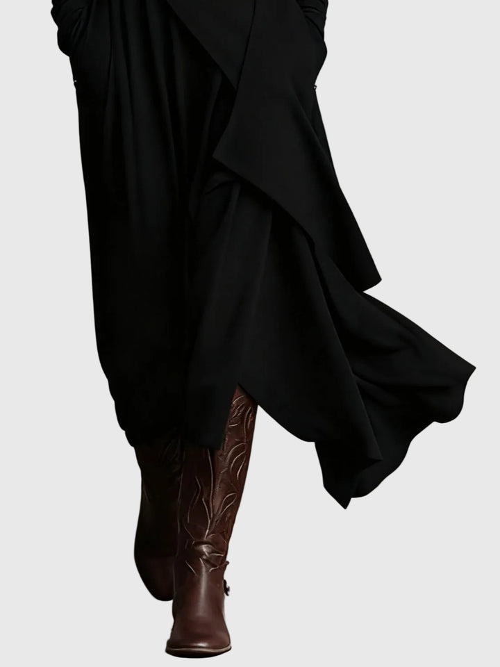 Virginia | Boho Solid Asymmetric Drape Maxi Dress with Turtleneck and Long Sleeves