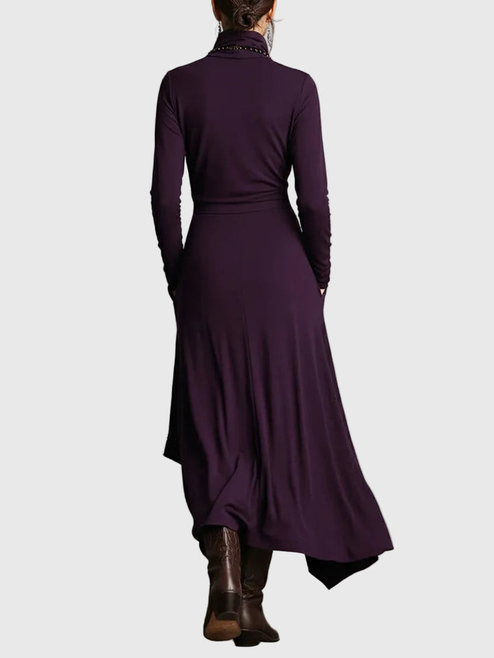 Virginia | Boho Solid Asymmetric Drape Maxi Dress with Turtleneck and Long Sleeves