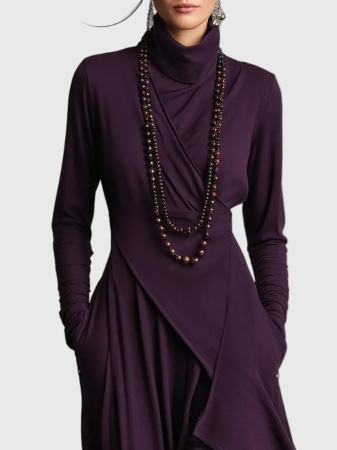 Virginia | Boho Solid Asymmetric Drape Maxi Dress with Turtleneck and Long Sleeves