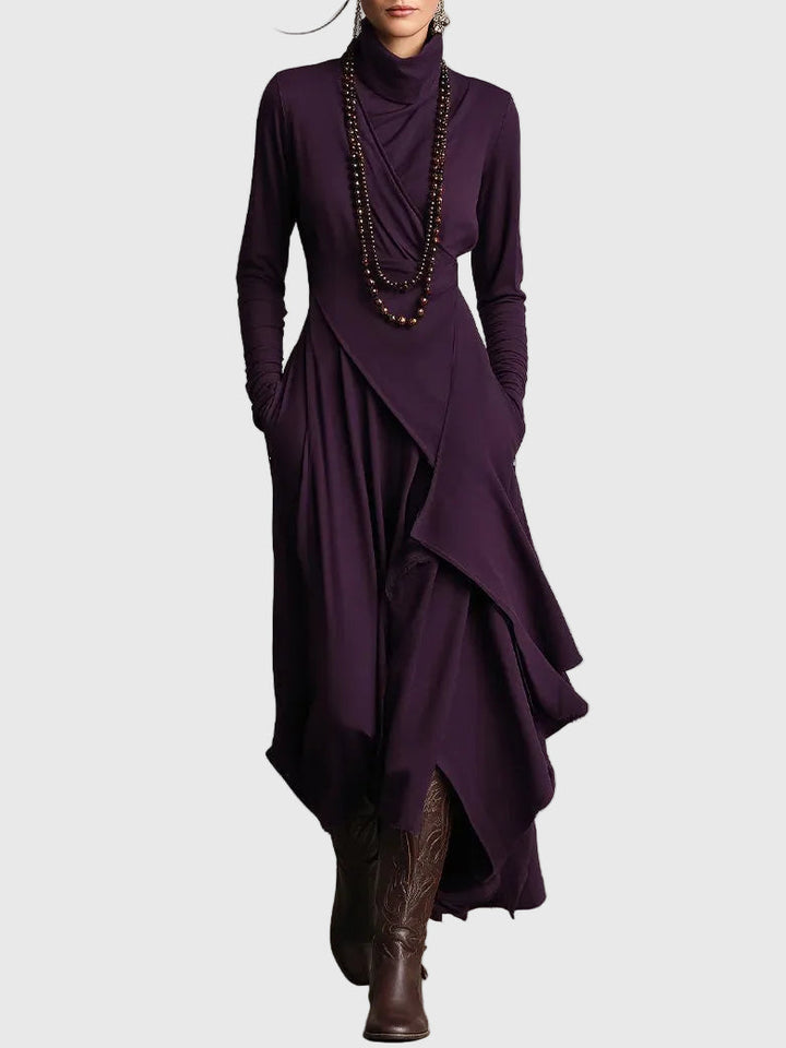 Virginia | Boho Solid Asymmetric Drape Maxi Dress with Turtleneck and Long Sleeves
