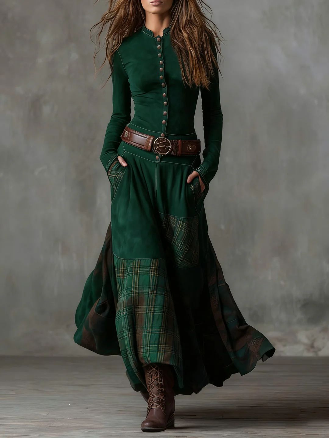 Winifred | Boho Maxi Dress with Button Front and Long Sleeves