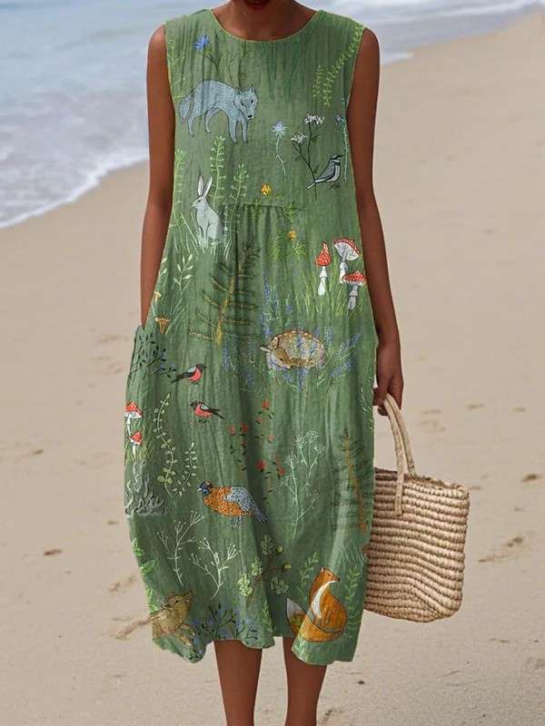 Winifred | Nature Print Maxi Sundress with Round Neck and Tiered Skirt